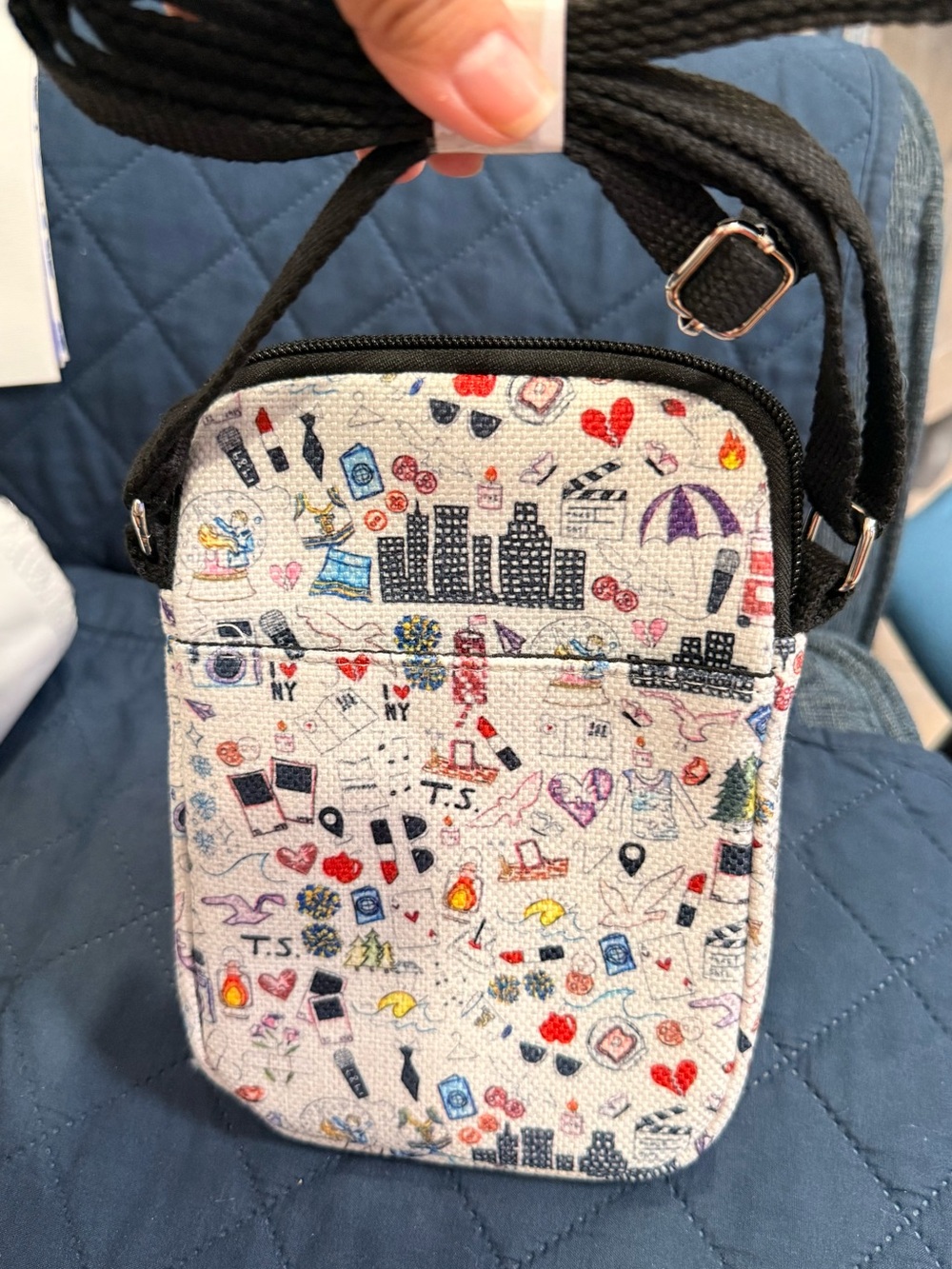 White Patterned Crossbody Bag with Black Strap
